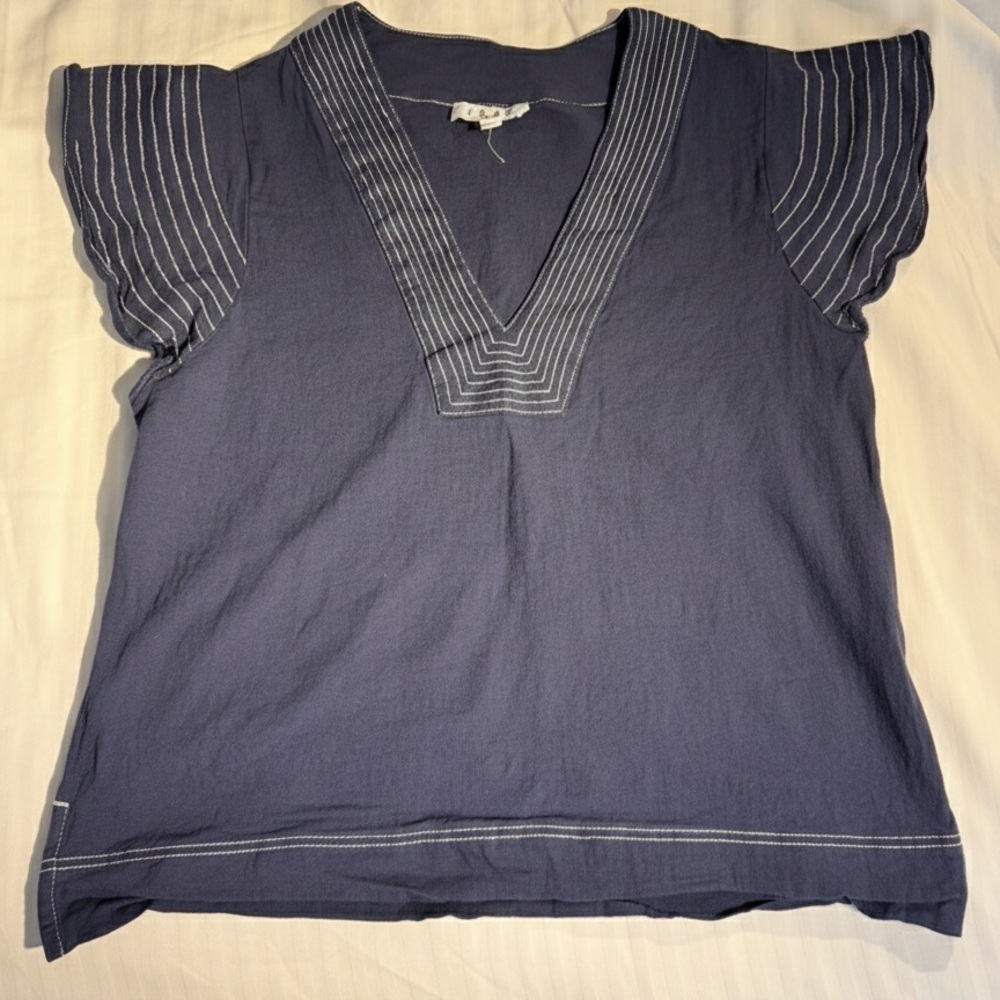 THML Coastal Chic Navy Flutter Sleeve Linen Blend Top Quiet Luxury Old Money L - Picture 7 of 11